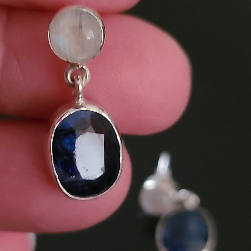 Kyanite and Moonstone Gemstone Dangle Earrings Sterling Silver - Picture 4 of 8